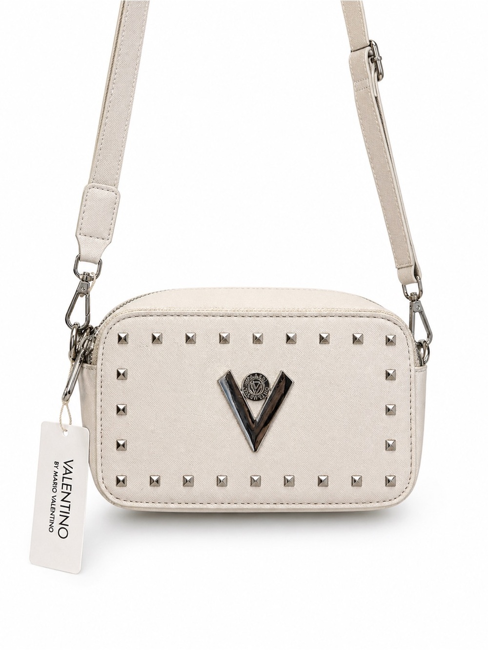 Valentino Cream V-Emblem Studded Crossbody Bag
